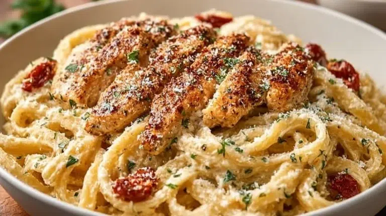 Creamy Garlic Parmesan Chicken Pasta with sun-dried tomatoes in a bowl