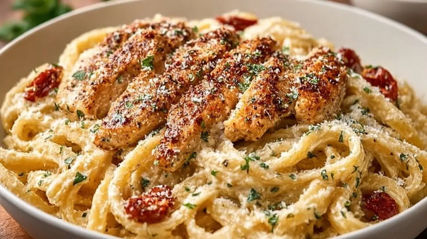 Creamy Garlic Parmesan Chicken Pasta with sun-dried tomatoes in a bowl