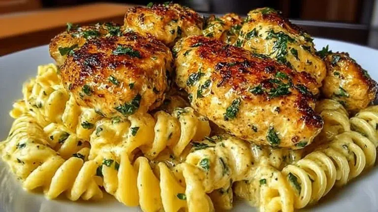 Creamy garlic parmesan chicken with cheesy twisted pasta on a plate.