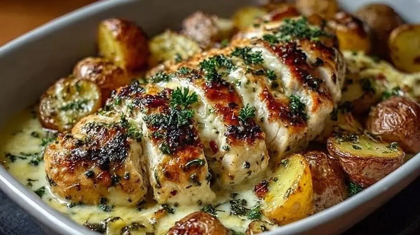 Plate of creamy herb chicken garnished with herbs and served with vegetables