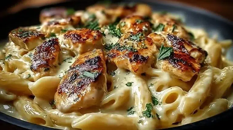 Creamy Italian chicken pasta dish served in a bowl, garnished with herbs.
