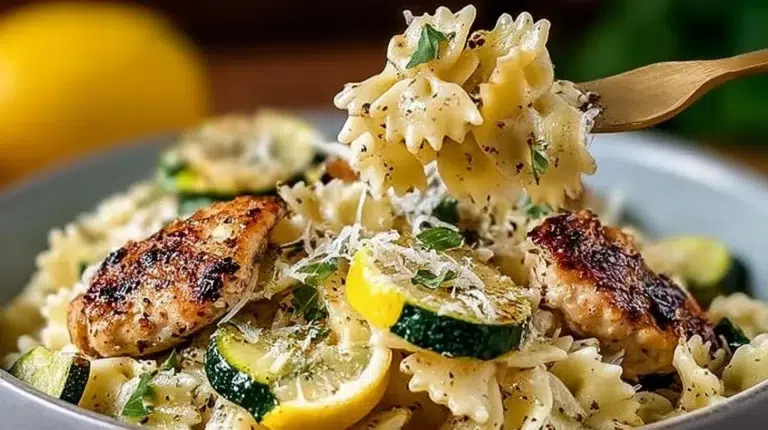 Creamy Lemon Chicken Pasta served in a bowl garnished with herbs