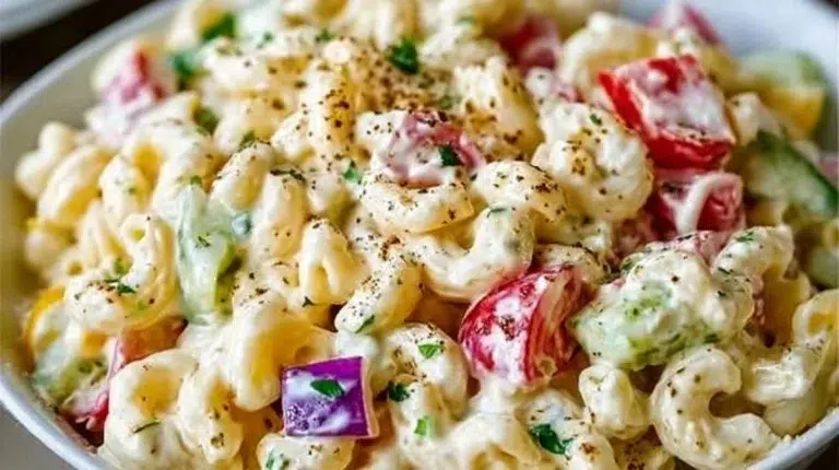 Creamy macaroni salad served in a bowl with fresh vegetables