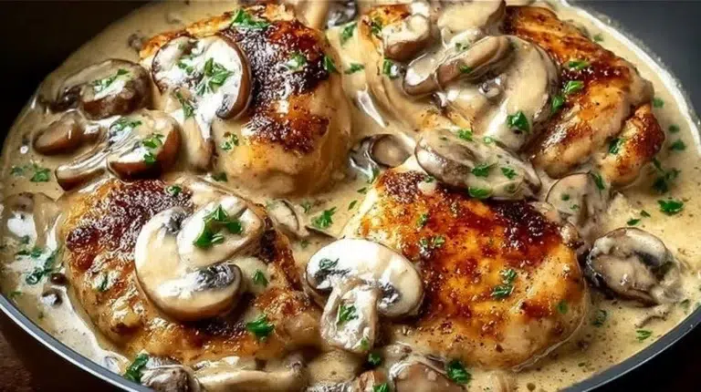 Creamy mushroom chicken served with fresh herbs and vegetables