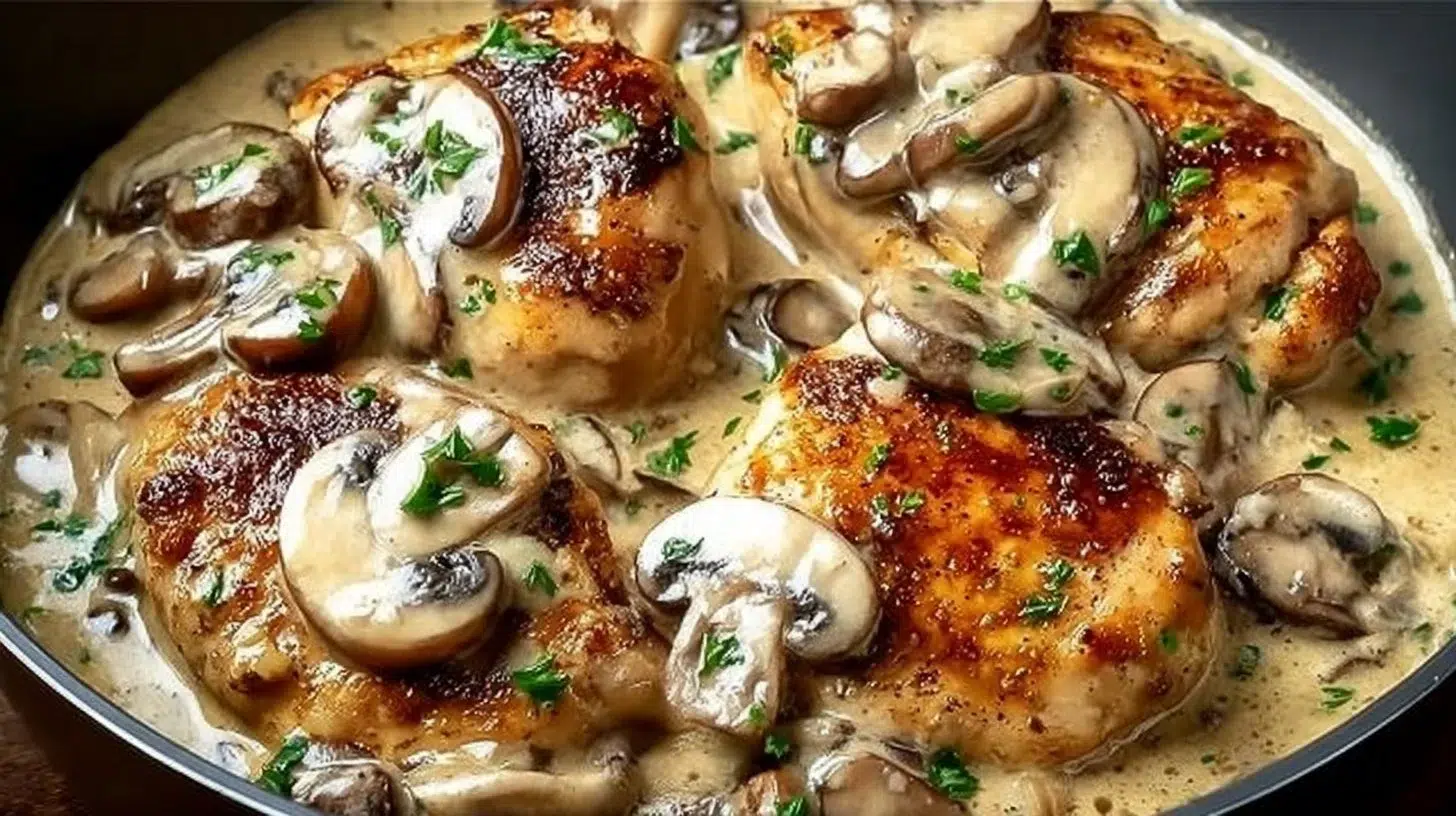 Creamy mushroom chicken served with fresh herbs and vegetables