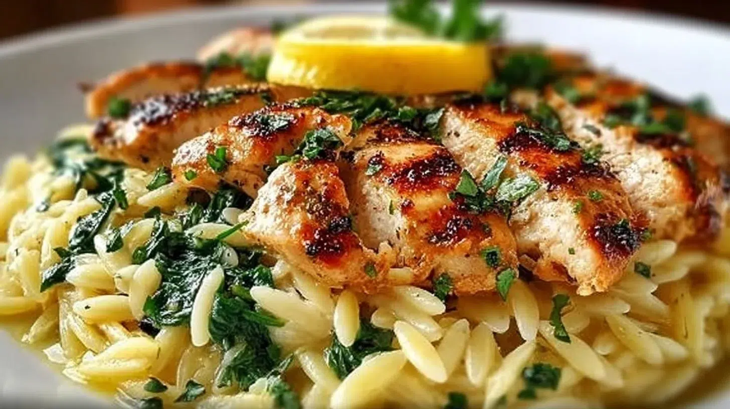 Creamy garlic butter chicken with lemon and orzo in a skillet