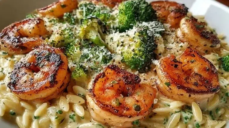 Creamy orzo dish with shrimp and broccoli garnished with herbs