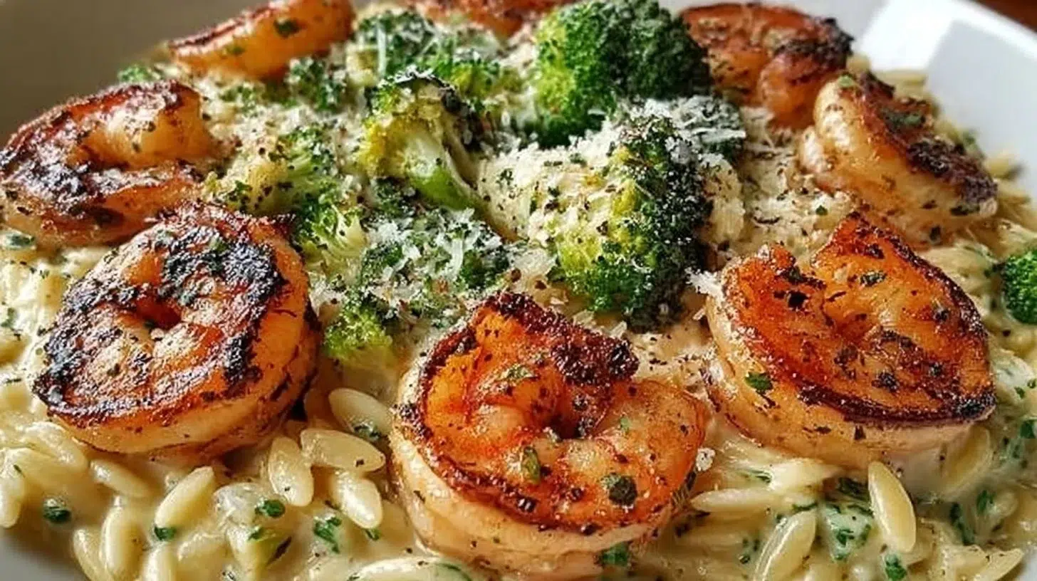 Creamy orzo dish with shrimp and broccoli garnished with herbs