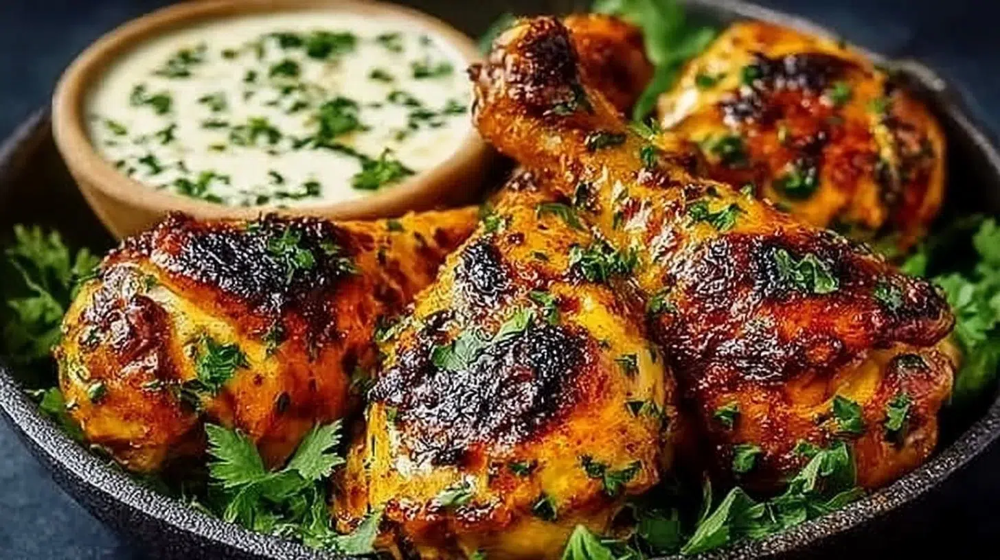 Creamy paprika chicken drumsticks served with herbs and spices