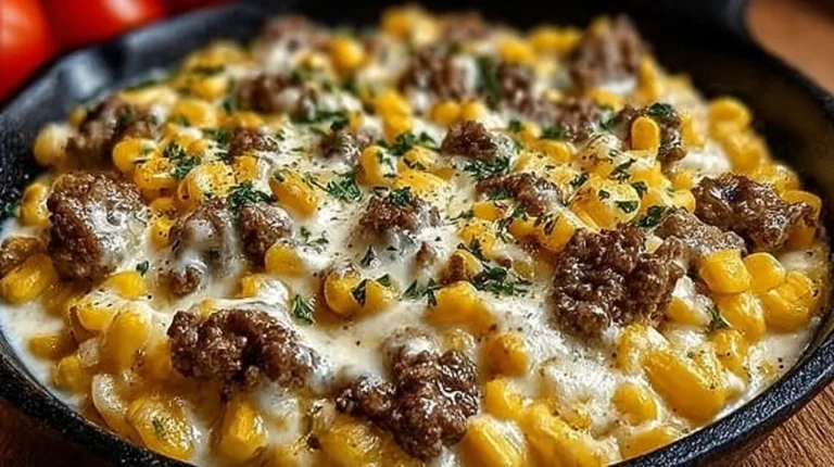 Creamy ranch beef skillet with vegetables in a frying pan