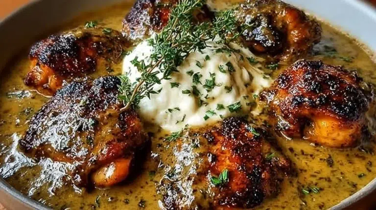 Creamy smothered chicken thighs with rich gravy served on a plate