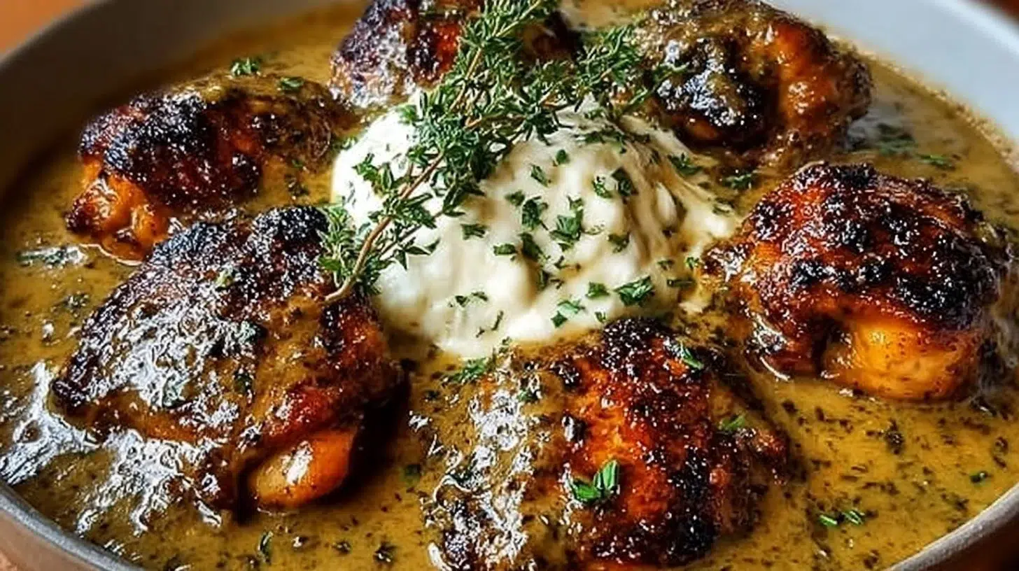 Creamy smothered chicken thighs with rich gravy served on a plate