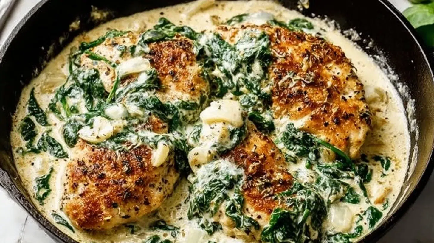 Creamy spinach garlic chicken dish served on a plate with fresh herbs