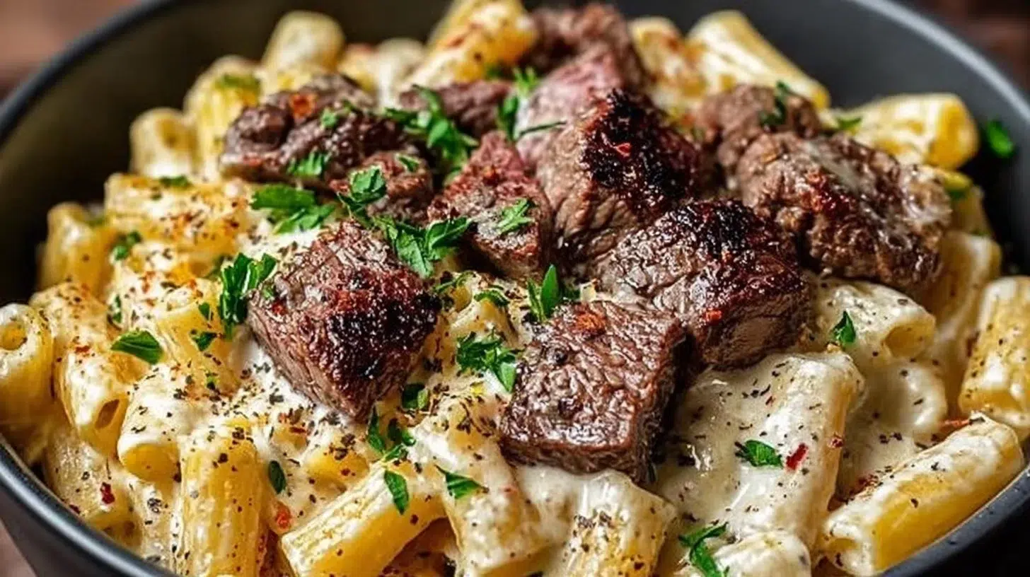 Creamy steak pasta dish served in a cozy dinner setting