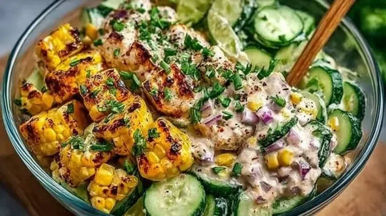 Creamy Street Corn Chicken Salad with Cucumber in a bowl