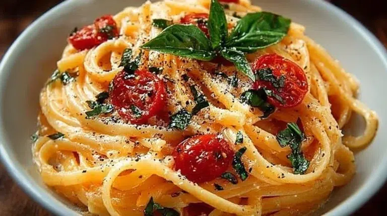 Creamy tomato butter pasta dish in a bowl, garnished with herbs