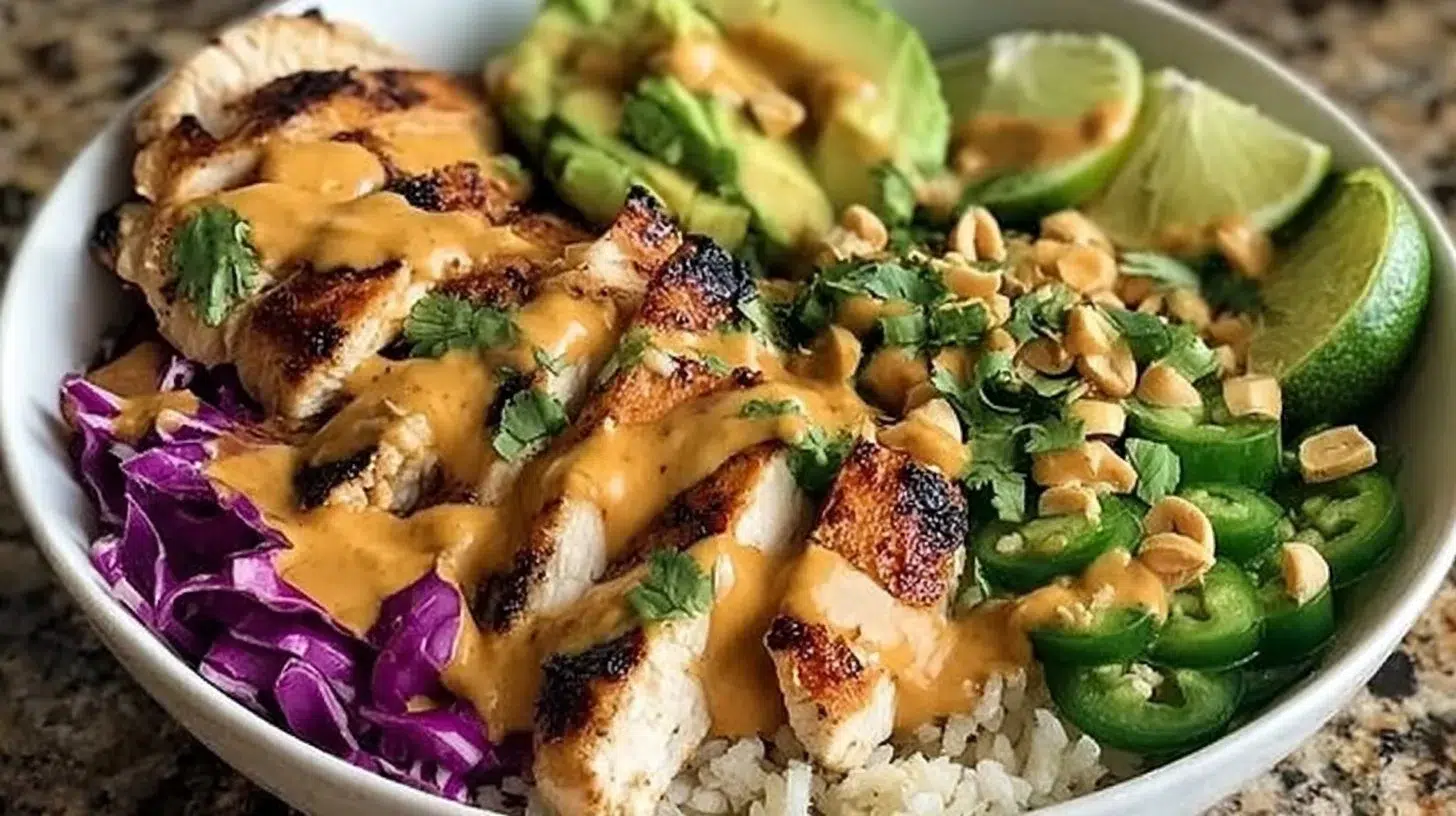 Colorful Thai Peanut Chicken Buddha Bowl with fresh vegetables and peanut sauce