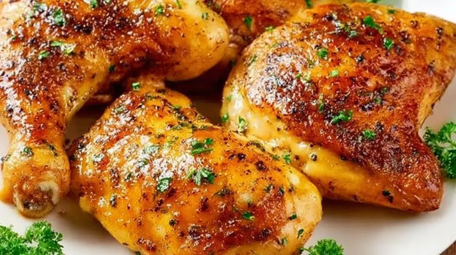 Crispy baked chicken leg quarters served on a plate with herbs