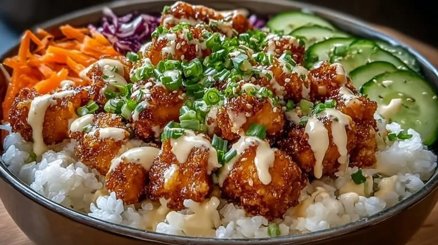 Delicious Crispy Bang Bang Chicken Bowl with vibrant toppings and sauces