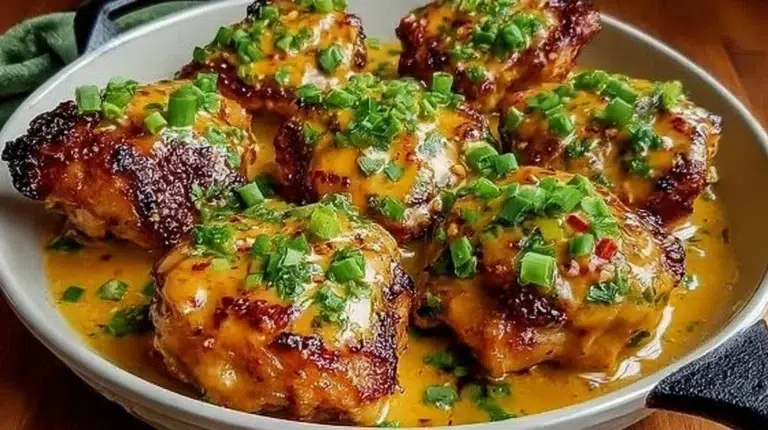 Crispy Bang Bang Chicken thighs with creamy spicy sauce served on a plate