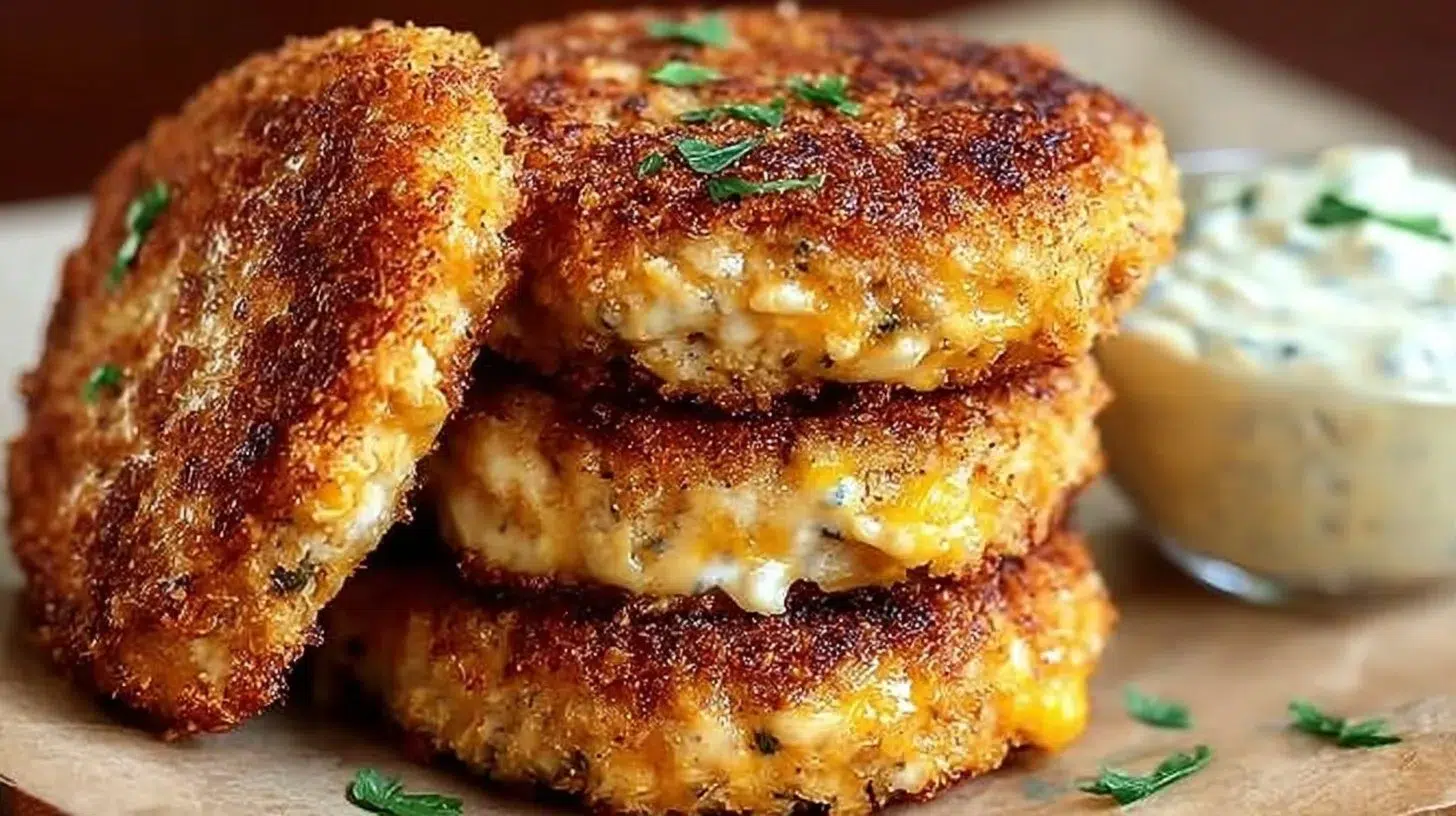 Crispy cheesy chicken ranch patties served on a plate