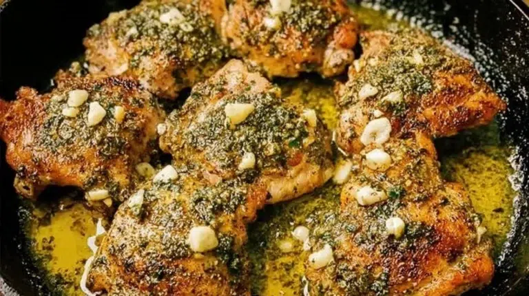 Crispy garlic butter chicken thighs cooked in a skillet, garnished and ready to serve.