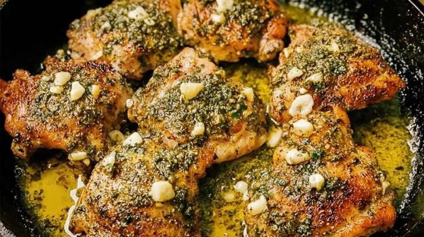 Crispy garlic butter chicken thighs cooked in a skillet, garnished and ready to serve.