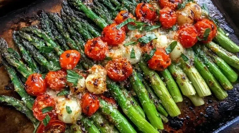 Crispy garlic parmesan roasted asparagus on a serving plate