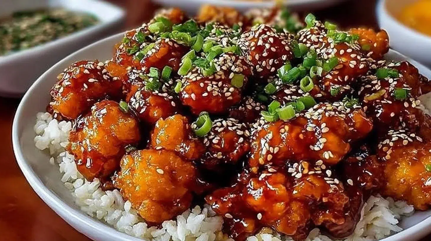 Plate of crispy honey garlic chicken garnished with green onions