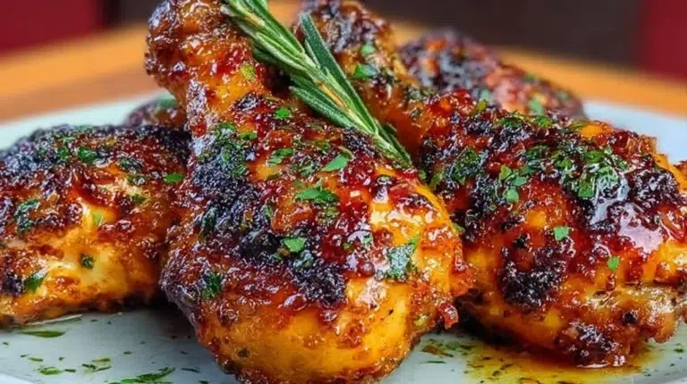Crispy honey garlic chicken legs with sticky soy glaze fresh from the oven.