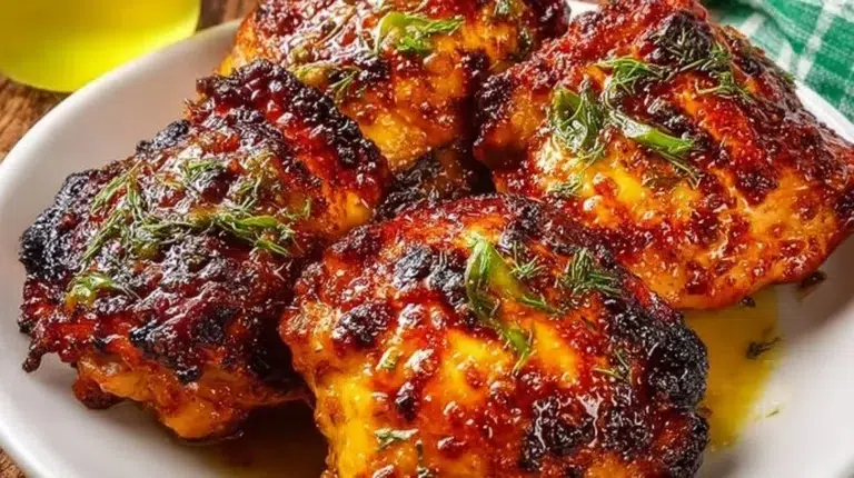 Crispy honey mustard air fryer chicken thighs plated with herbs
