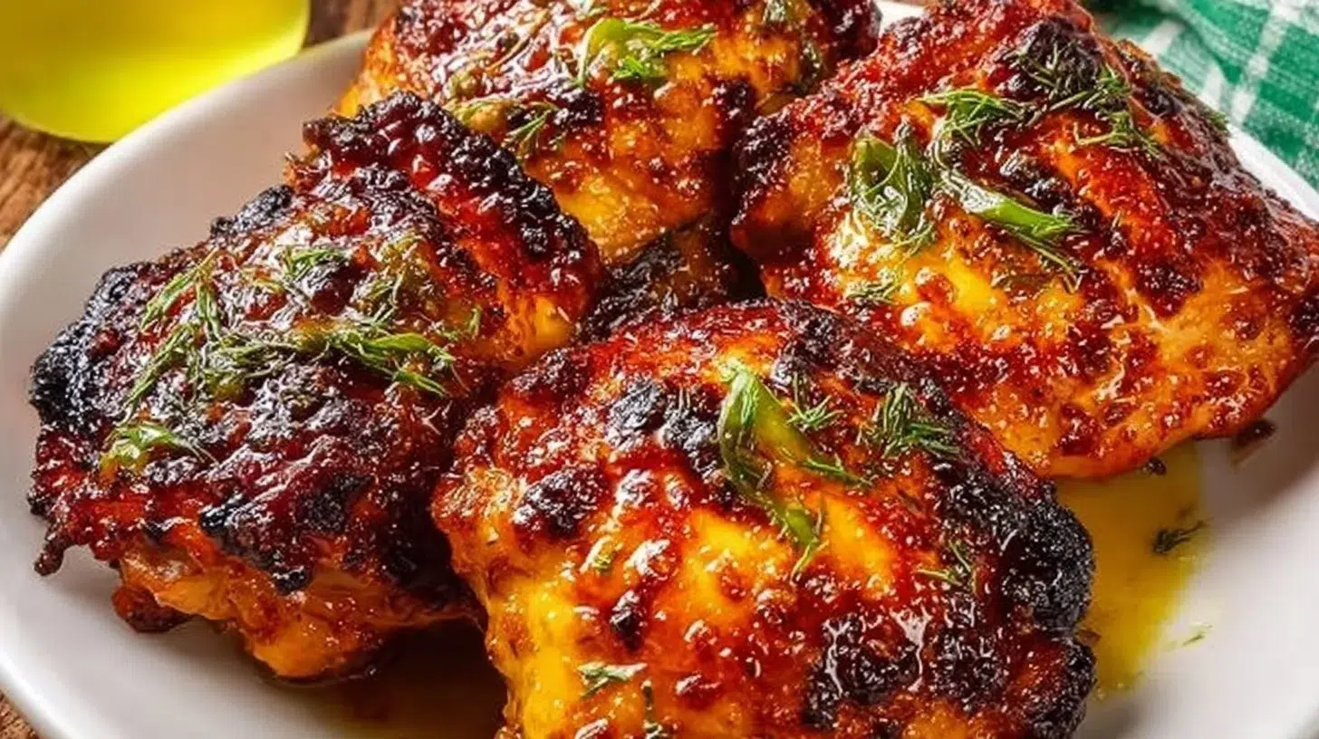 Crispy honey mustard air fryer chicken thighs plated with herbs