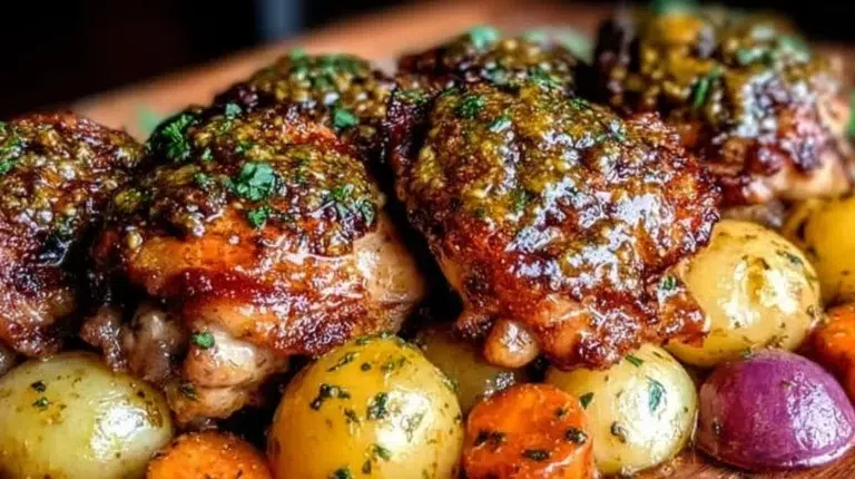 Crispy honey mustard chicken thighs on a sheet pan with veggies