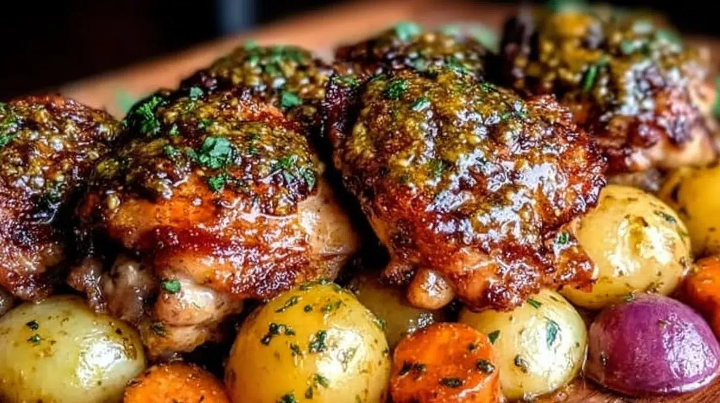 Crispy honey mustard chicken thighs on a sheet pan with veggies