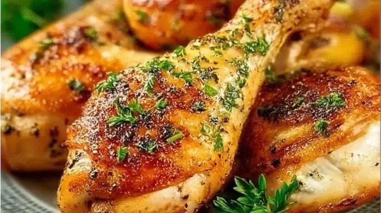 Crispy oven-baked chicken legs served on a plate, golden and juicy