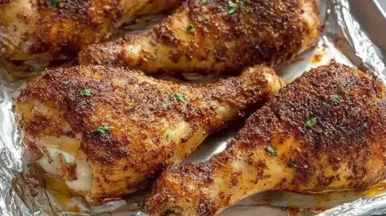 Crispy oven-baked chicken legs served on a plate with fresh herbs.