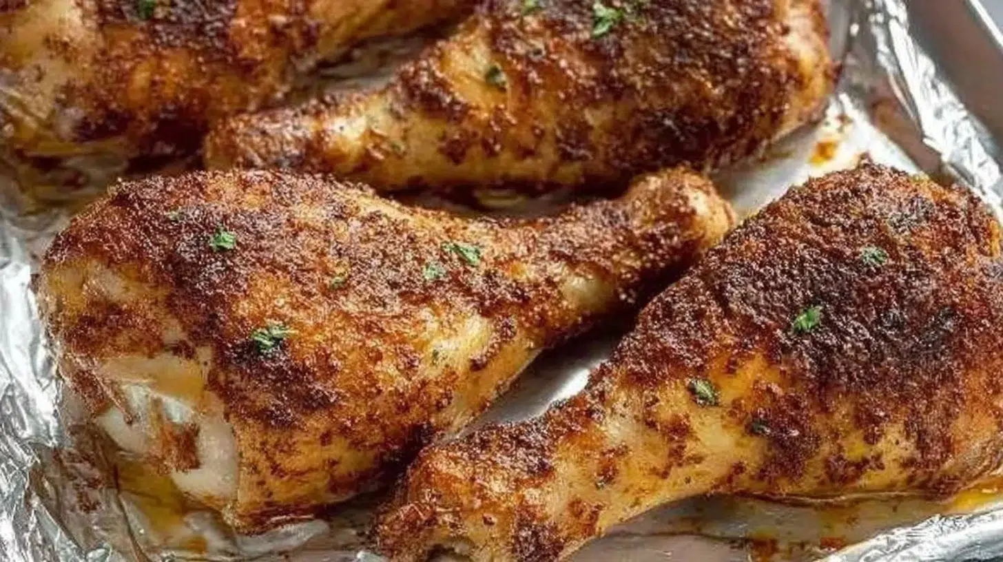 Crispy oven-baked chicken legs served on a plate with fresh herbs.