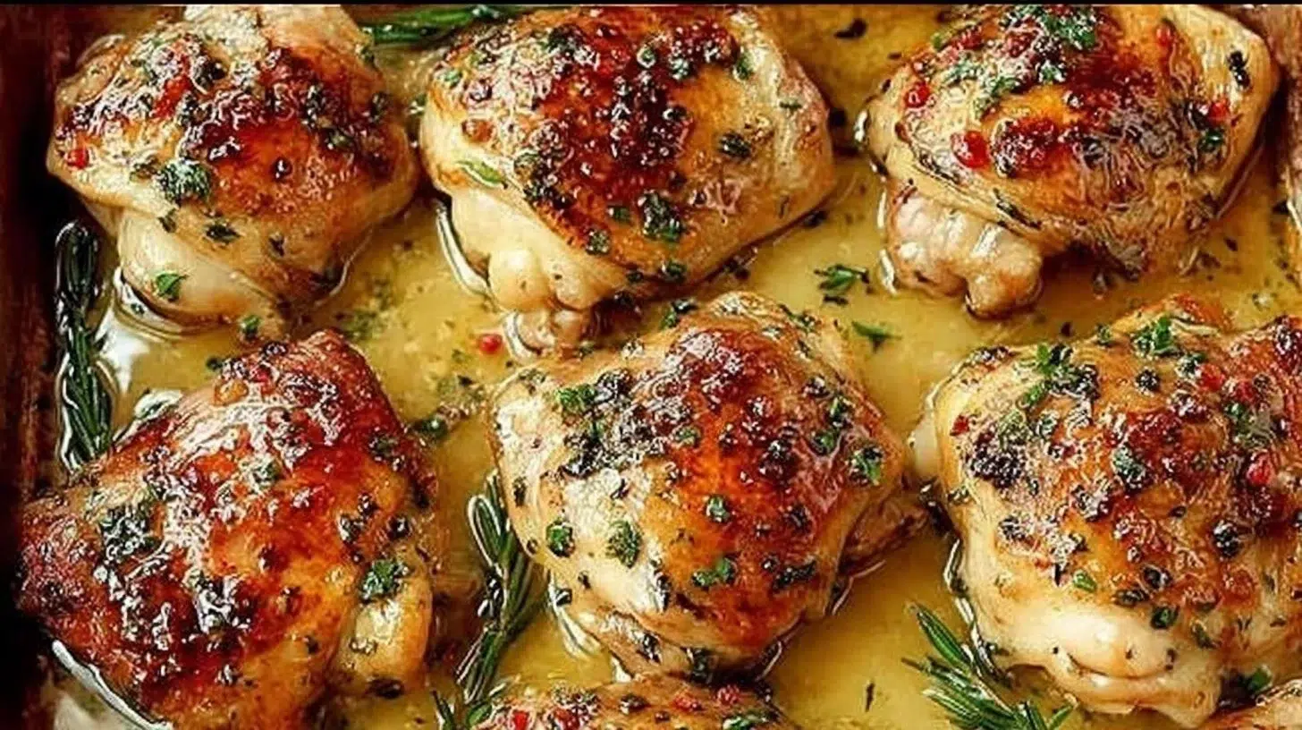 Crispy oven-baked chicken thighs served on a plate with herbs.
