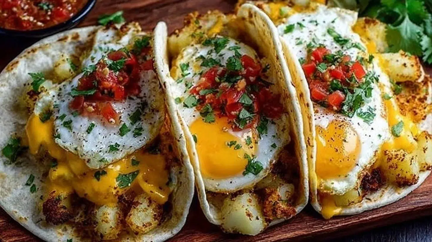 Crispy Potato Egg and Cheese Breakfast Tacos on a plate ready to eat