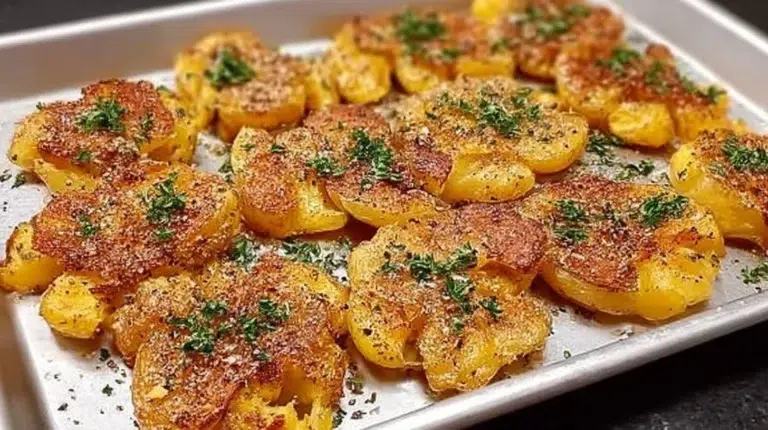 Crispy smashed potatoes topped with garlic, herbs, and butter on a plate.