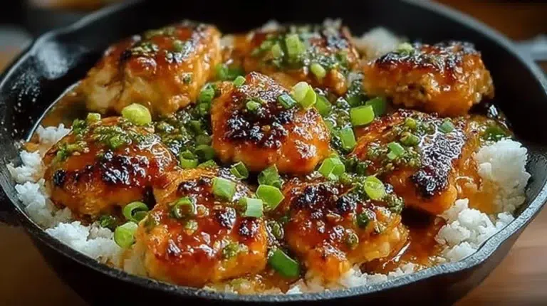 Crispy Spicy Bang Bang Chicken Thighs cooked in a skillet