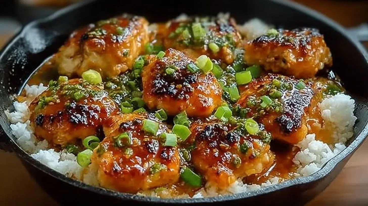 Crispy Spicy Bang Bang Chicken Thighs cooked in a skillet
