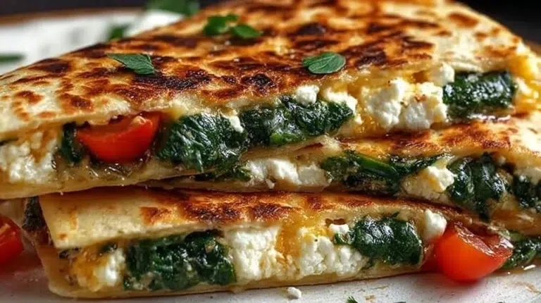 Crispy spinach and feta quesadillas on a plate, ready to serve and enjoy.