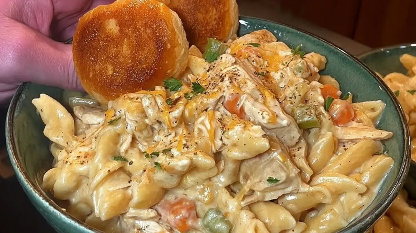 Crock Pot Chicken Pot Pie Pasta garnished and served in a bowl