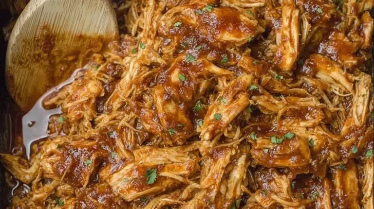 Plate of tender crockpot BBQ chicken with a side of coleslaw