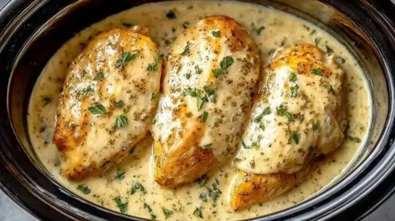 Crockpot creamy garlic parmesan chicken served with herbs and side dishes