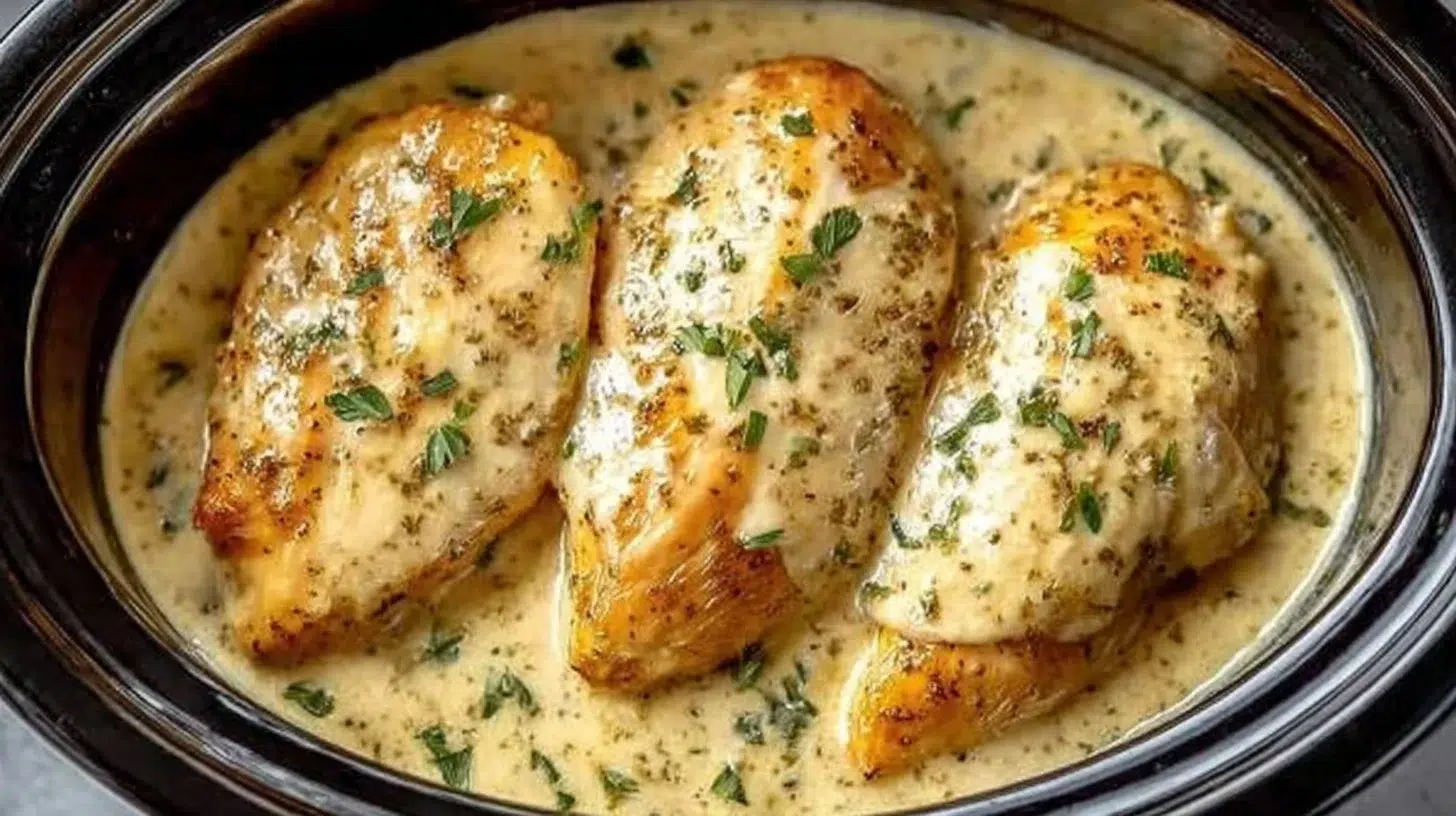 Crockpot creamy garlic parmesan chicken served with herbs and side dishes