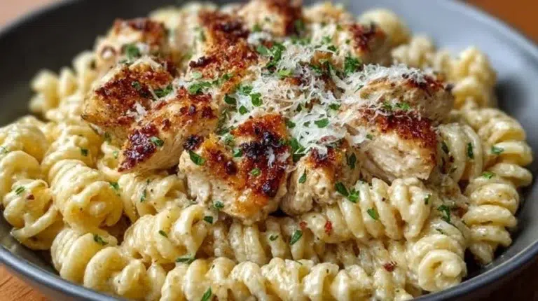 Crockpot Garlic Parmesan Chicken Pasta served in a bowl with herbs garnish