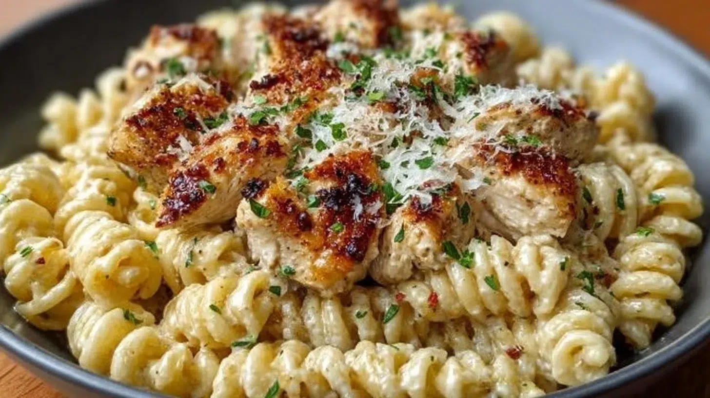 Crockpot Garlic Parmesan Chicken Pasta served in a bowl with herbs garnish