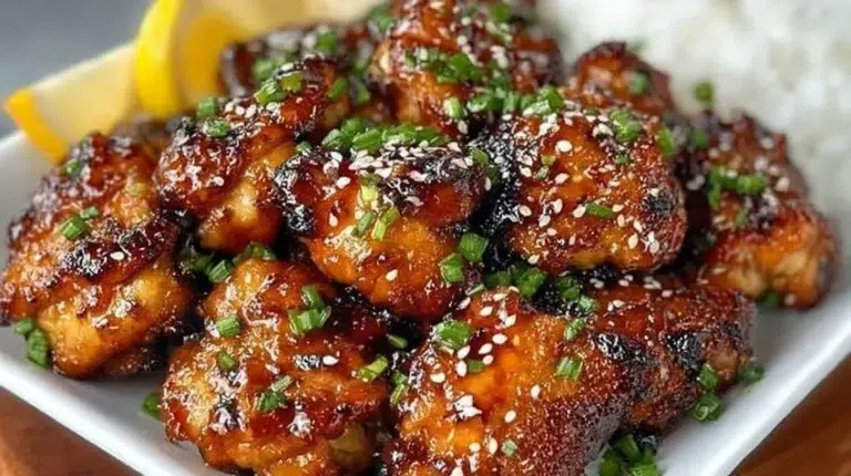 Crockpot Honey Garlic Chicken ready to serve with rice and vegetables.